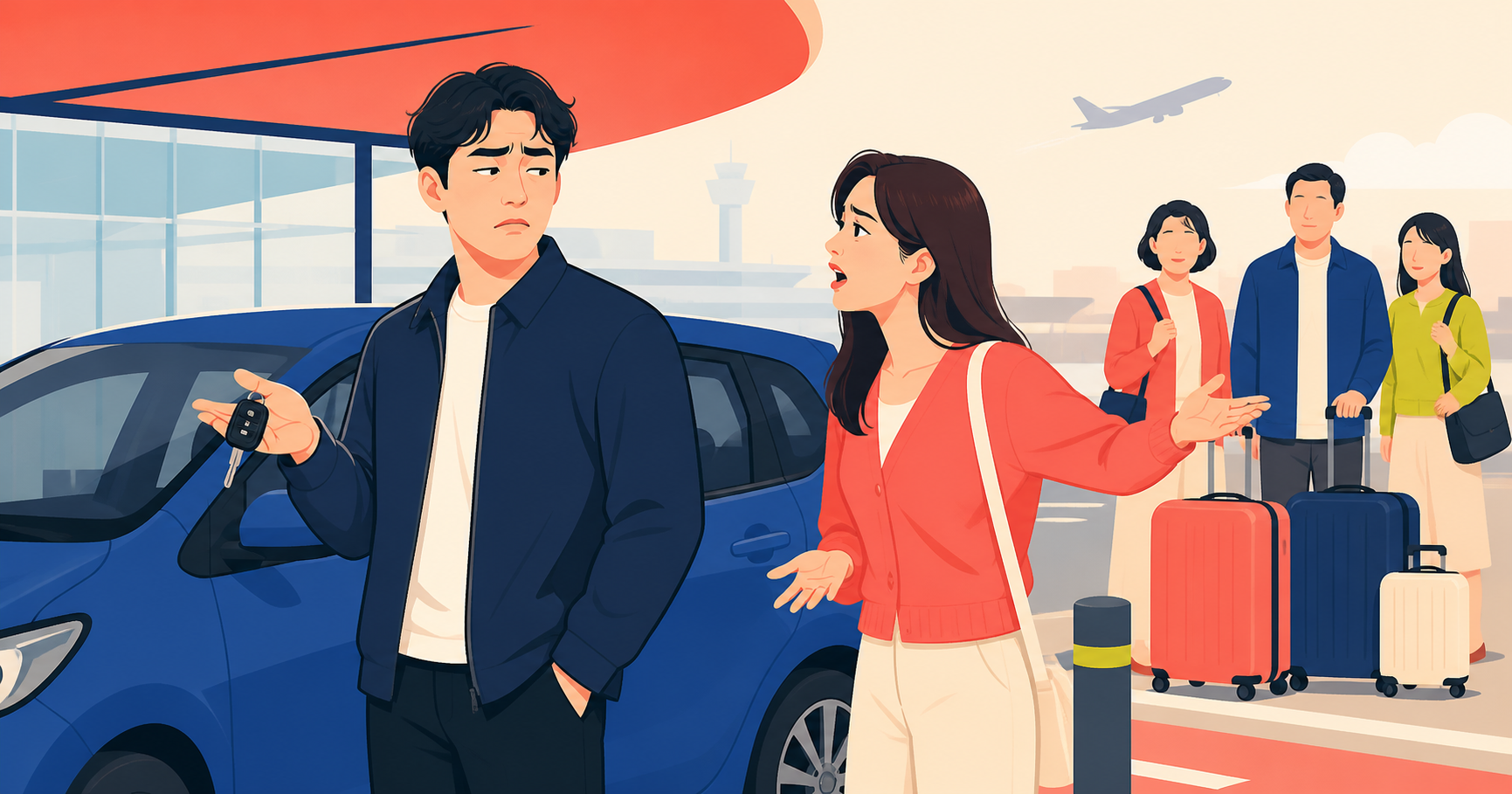 공항 앞에서 차량과 여행 가방을 사이에 두고 이야기하는 연인과 가족 일러스트